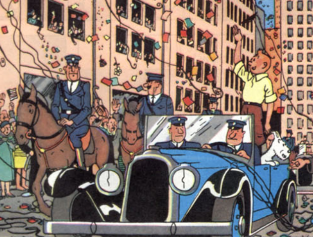 Tintin celebratory parade illustration with vintage car, mounted police, and confetti-filled street scene on Japanese file folder cover