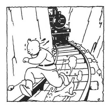 Tintin and Snowy fleeing from locomotive on A4 folder cover, depicting scene from "The Land of the Soviets"