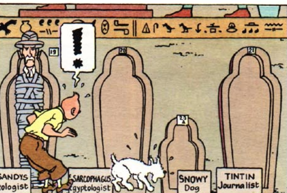 Vintage Tintin poster showing characters exploring Egyptian tomb with hieroglyphs and sarcophagi, from "Cigars of the Pharaohs" comic