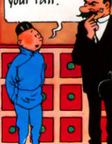 Cartoon character in blue outfit speaking to mustachioed man, comic book style illustration