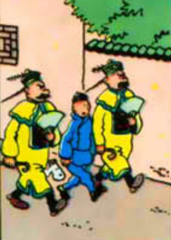 Cartoon illustration of two men in yellow coats and a boy in blue walking, from Tintin's Adventures