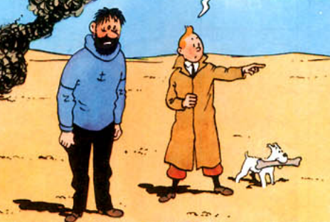 Tintin characters in desert scene: bearded sailor, young man pointing, white dog with bone from Adventures of Tintin comic