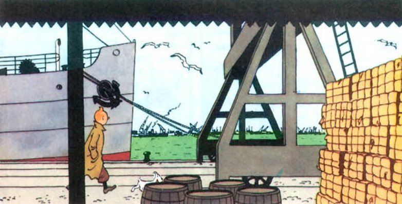 Framed Tintin comic art "The Crab with the Golden Claws" showing dockside scene with ship, crane, and character walking with dog