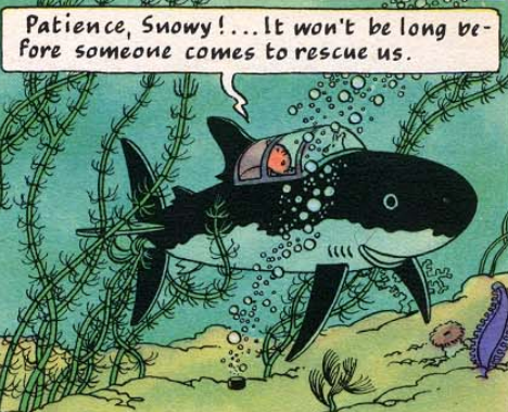 Tintin puzzle image: Shark submarine underwater with speech bubble, seaweed, and colorful marine life