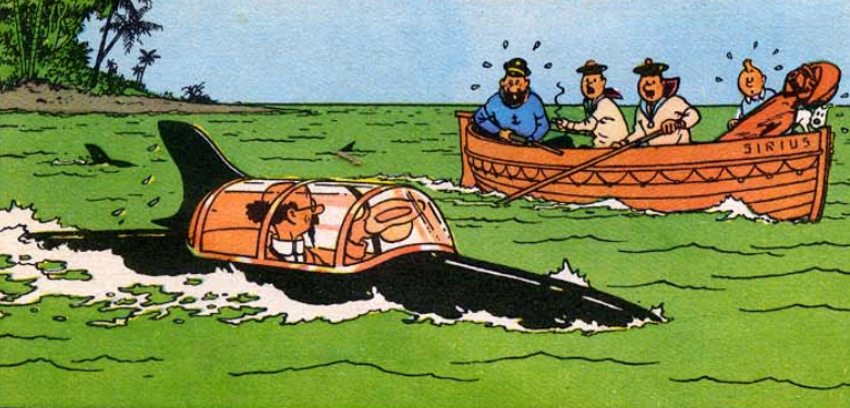 Tintin poster: Characters in boat surprised by shark submarine surfacing nearby during treasure hunt adventure
