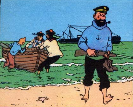 Framed print from Red Rackham's Treasure showing characters on beach with boat and ship, limited edition Tintin artwork