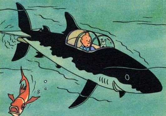 Tintin Shark Submarine model from Red Rackham's Treasure, underwater with orange fish nearby, 77cm collectible