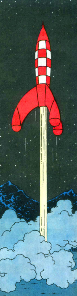 Tintin's iconic red and white rocket blasting off into starry night sky, leaving trail of smoke over blue mountains