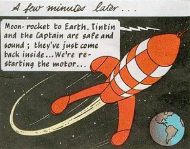 Tintin Moon Rocket magnet showing iconic red-and-white spacecraft arcing away from Earth, with comic dialogue above