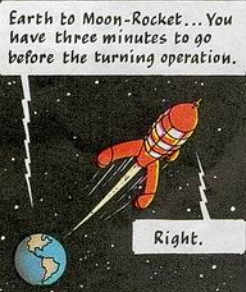 Tintin Moon rocket illustration with Earth, countdown text, and "Right" speech bubble, inspired by Hergé's iconic space adventure comics