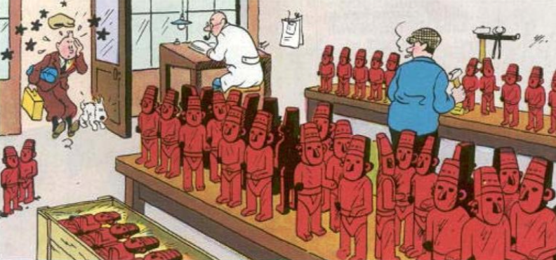 Tintin discovers workshop filled with red Arumbaya statues, man at desk, dog entering room in The Broken Ear comic scene