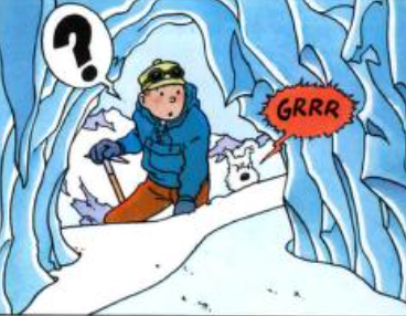 Tintin puzzle scene: Cartoon character in blue coat skiing through icy cave, dog peeking out, speech bubbles with question mark and "GRRR"