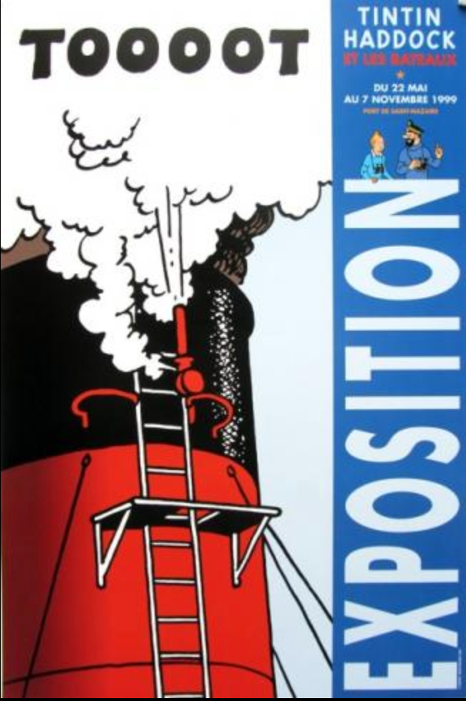 Tintin exhibition poster featuring ship funnel and ladder, with "TOOOOT" text and blue sidebar showing event details