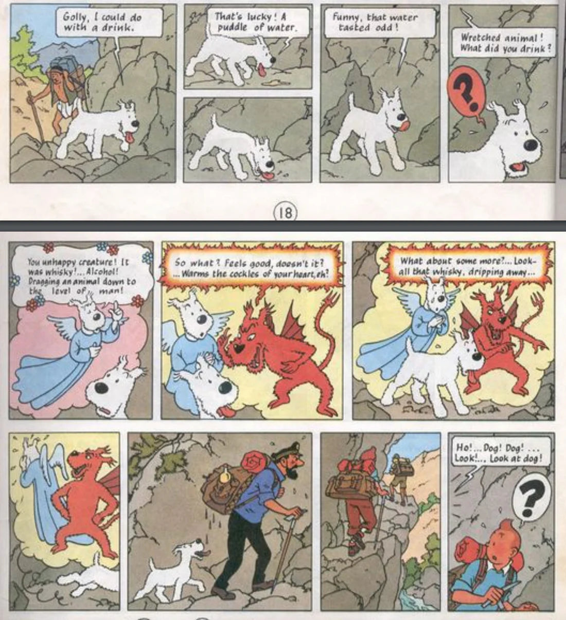 Tintin comic panels showing Snowy the dog drinking whiskey, with angel and devil figures debating his choices