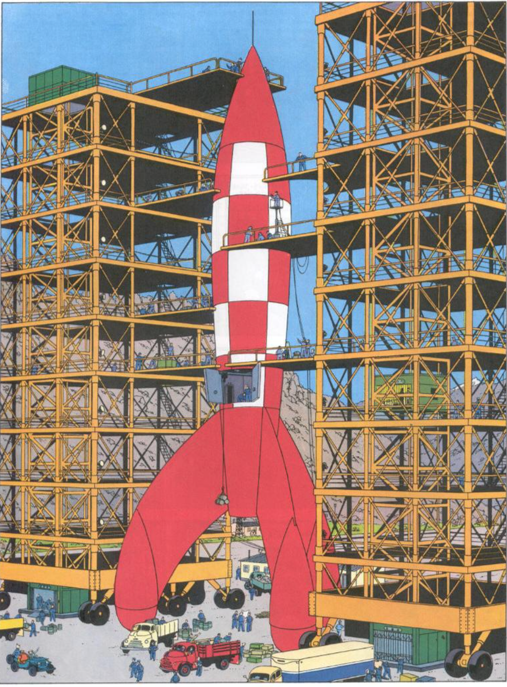 Tintin Moon Rocket illustration: Red and white rocket on launch pad surrounded by scaffolding and workers, depicting preparation for launch
