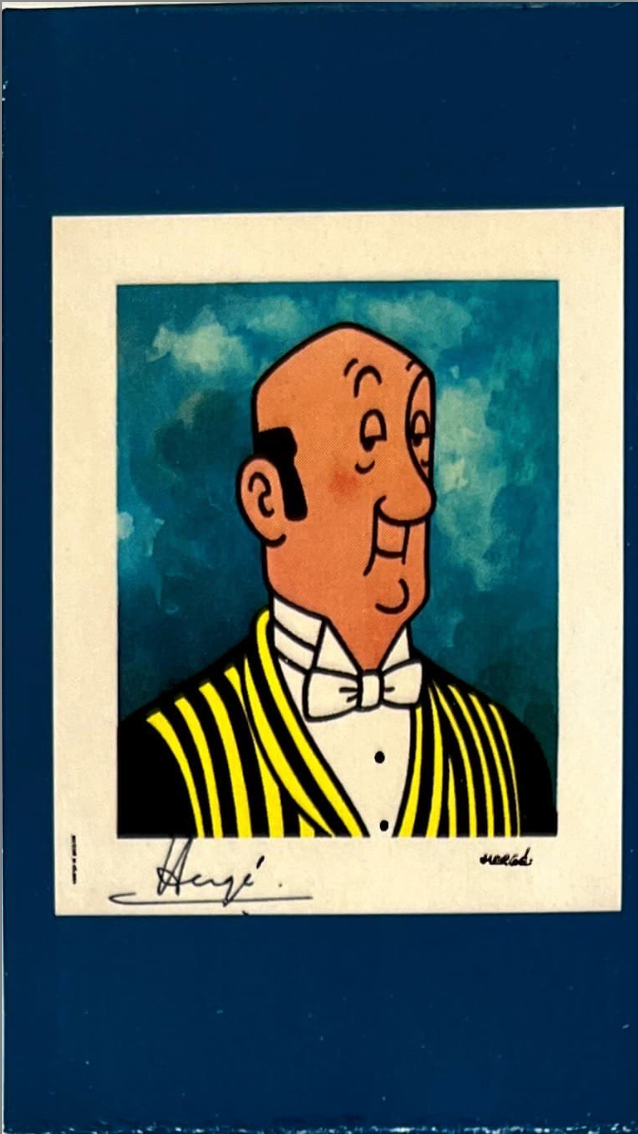 Nestor bust mini figure portrait, Tintin character in bow tie and striped jacket, signed Hergé illustration on blue background