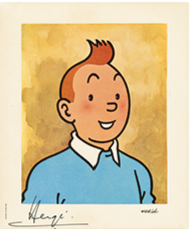 Tintin bust keychain featuring iconic cartoon character with red quiff and blue sweater, inspired by Hergé's 1965 portrait series