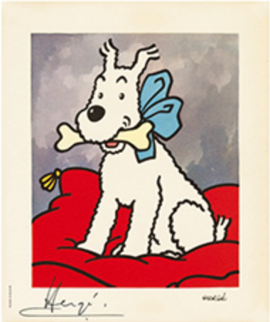 Snowy keychain figure: white cartoon dog with bone, blue bow, sitting on red surface, inspired by Hergé's 1965 portrait series