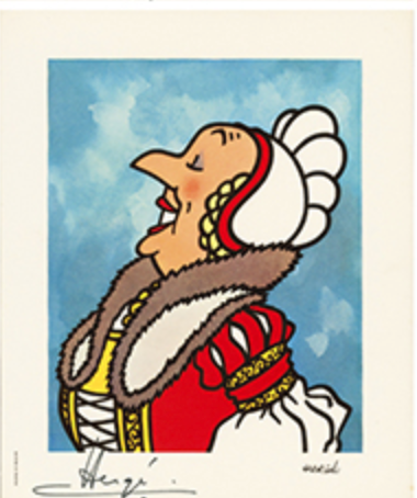 Madame Castafiore opera singer bust keychain, colorful cartoon illustration inspired by Hergé's character portraits
