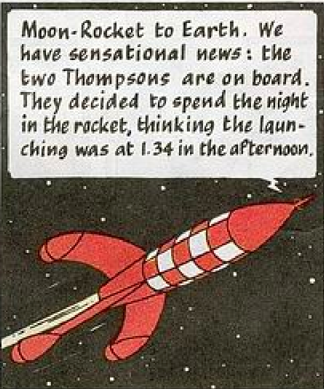 Tintin moon rocket comic panel with red and white spacecraft and humorous news bulletin about mistaken launch time