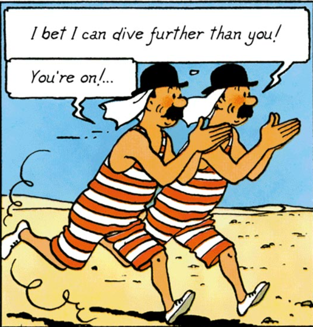Tintin characters in striped bathing costumes running on beach, challenging each other to dive, from The Land of Black Gold comic
