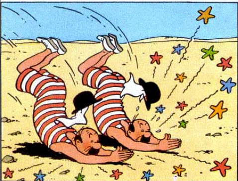 Tintin characters Thomson and Thomson diving into desert mirage in red striped swimsuits, colorful stars
