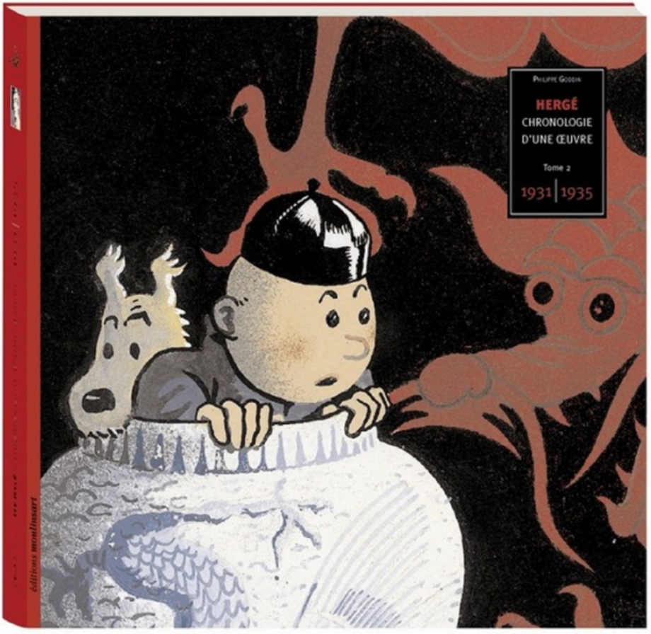 Cover of Hergé chronology book featuring Tintin and Snowy peeking out of a Chinese vase, 1931-1935 volume
