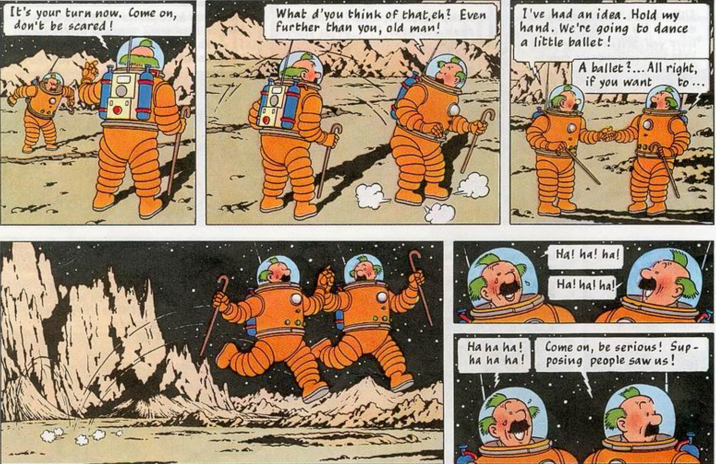 Thompson and Thomson comic strip: Astronauts dance ballet on lunar surface, joyfully frolicking and laughing in orange spacesuits