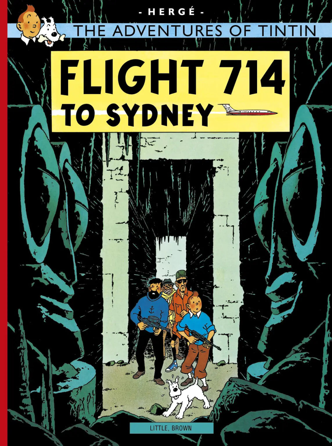 Front cover of The Adventures of Tintin: Flight 714 to Sydney by Hergé, featuring Tintin, Captain Haddock, and Snowy entering a mysterious stone temple doorway.