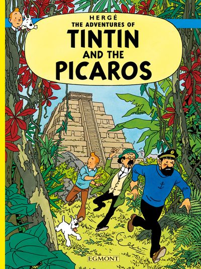 he Adventures of Tintin: Tintin and the Picaros" by Hergé. Set against a lush green jungle background with a large pre-Columbian stone pyramid rising in the center, the illustration shows Captain Haddock in his blue sweater running forward with a panicked expression. Behind him, Tintin, wearing his tradmark blue sweater runs behind Prof. Calculus , while Snowy bounds ahead through the tropical foliage.
