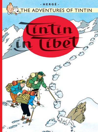 The front cover of the hardcover comic book "The Adventures of Tintin: Tintin in Tibet" by Hergé. Set against a snowy Himalayan mountain backdrop with a large red sun circle featuring the title text, the illustration depicts Tintin in a blue jacket and Captain Haddock carrying heavy backpacks, trekking uphill through deep snow, with Snowy walking in the foreground.