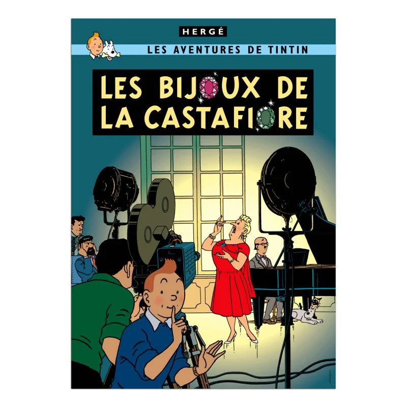 Official French Tintin poster for "Les Bijoux de la Castafiore" featuring opera singer Bianca Castafiore performing on stage under bright studio lights, while Tintin, Captain Haddock, and Snowy watch from the wings amidst television cameras and crew.