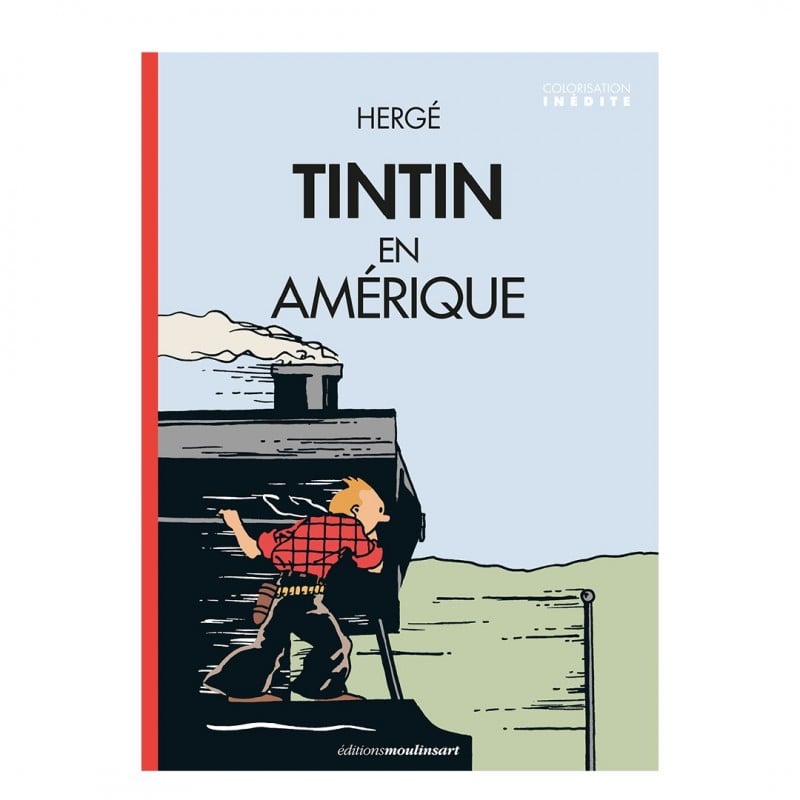 Hardcover book cover of the English colorized edition of Tintin in America, featuring Hergé's classic illustration of Tintin in a red plaid shirt holding onto the front of a speeding black locomotive train.