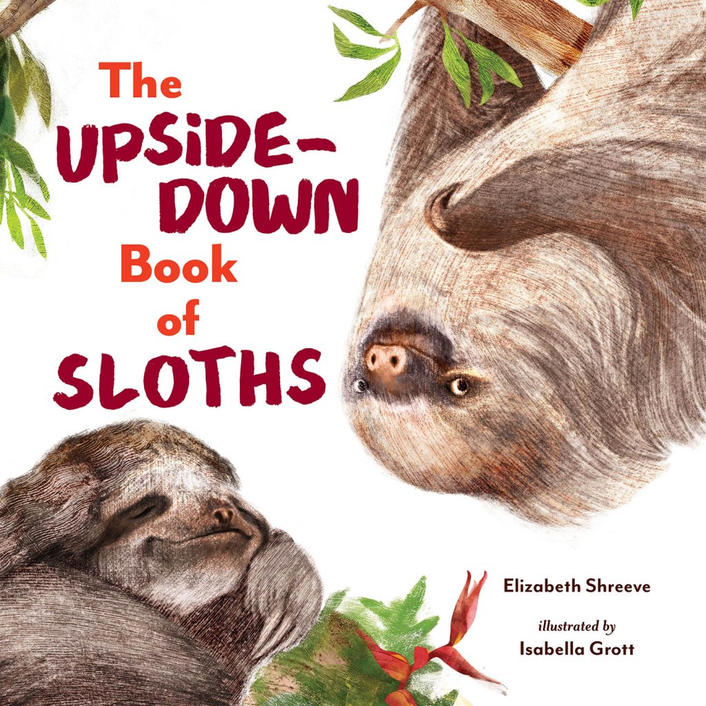 Book cover of "The Upside-Down Book of Sloths" featuring illustrated sloths hanging upside down among leaves and branches