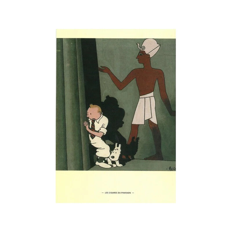 Tintin cover art for "Cigars of the Pharaoh" showing character hiding with dog behind ancient Egyptian figure