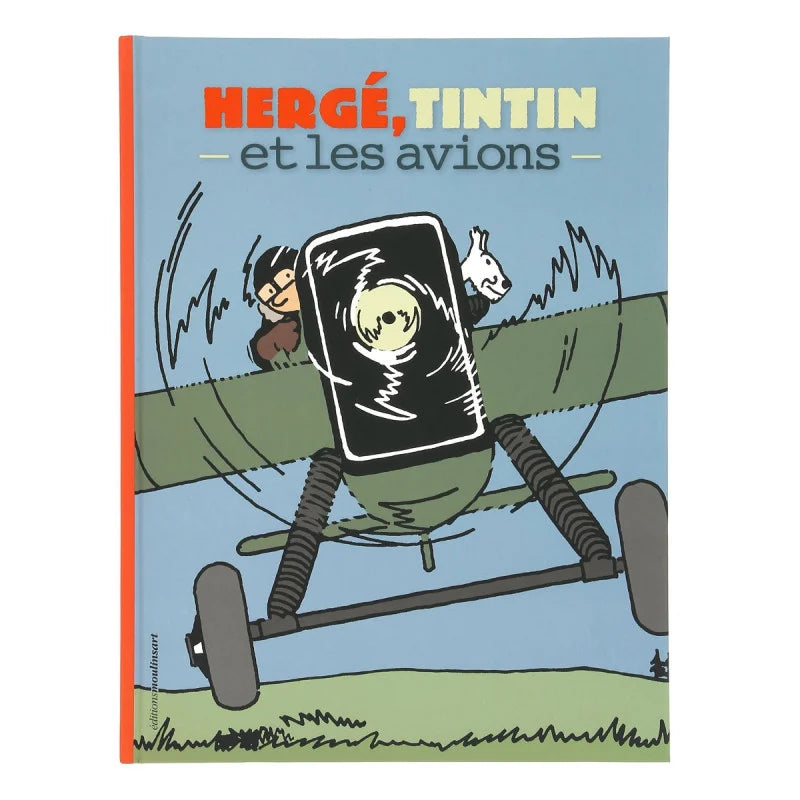 Book cover "Hergé, Tintin et les avions" featuring cartoon character in vintage airplane cockpit, exploring Tintin's aviation adventures