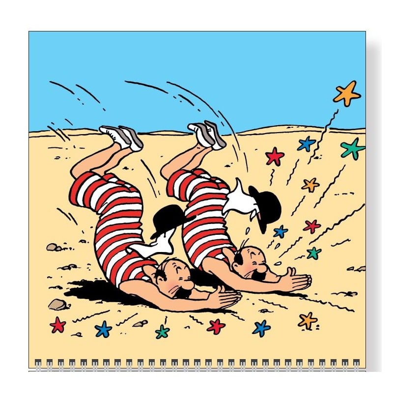Cartoon illustration of a person in a red and white striped outfit falling on sand with colorful stars around.