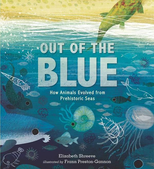 Book cover of "Out of the Blue" showing prehistoric sea creatures evolving in an underwater scene with colorful illustrations