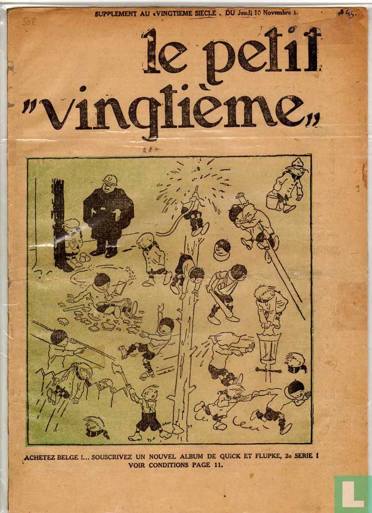 Vintage Le Petit Vingtième magazine cover featuring cartoon characters in playful scenes, 1928 Tintin debut issue