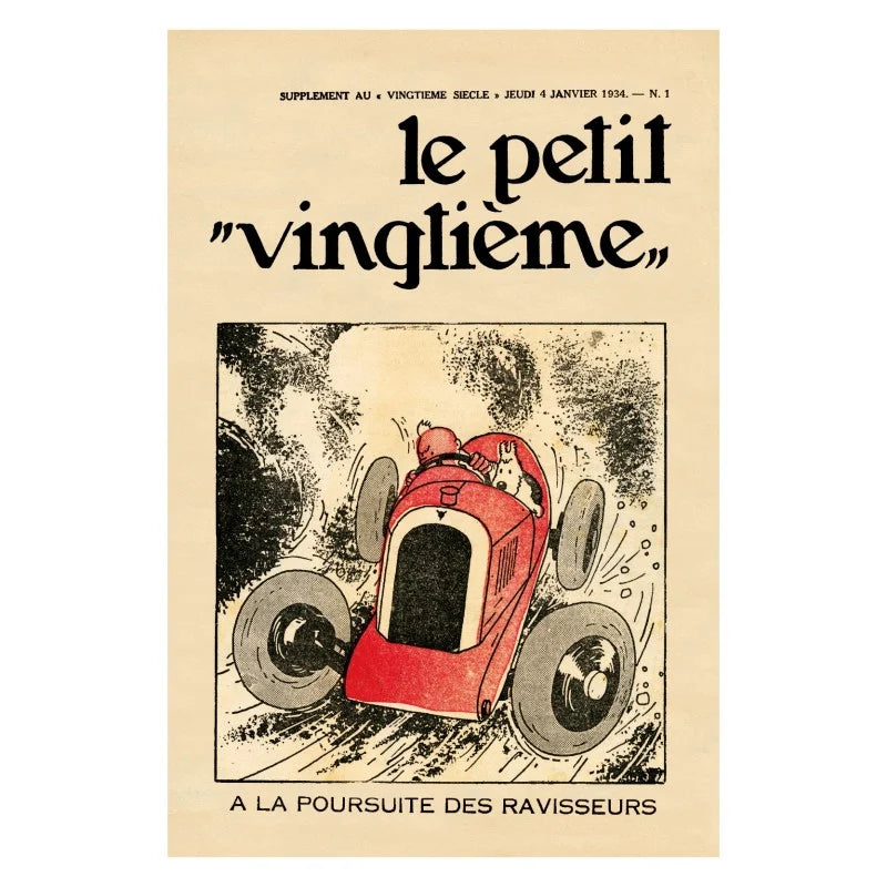 Vintage Tintin poster: Red racing car speeding through mountains, Le Petit Vingtième cover from 1934 Cigars of the Pharaoh adventure