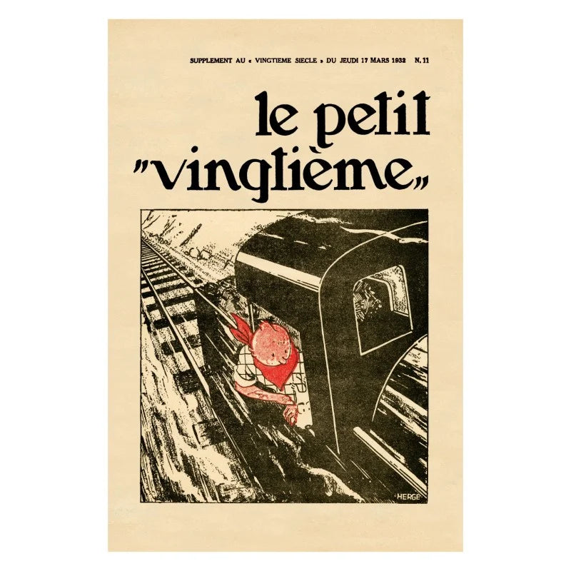 Vintage Tintin in America poster showing dynamic train scene from Le Petit Vingtième supplement, illustrated by Hergé