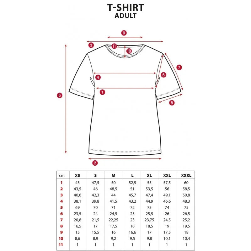 Detailed size chart for adult unisex T-shirt with measurements for XS to XXXL, including length, width, and sleeve dimensions