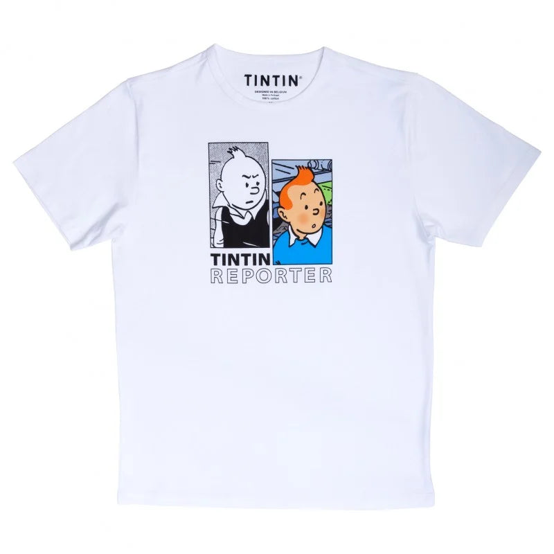 White kids' T-shirt with Tintin Reporter graphic showing contrasting displeased and surprised expressions