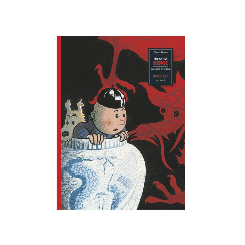 Book cover of "The Art of Hergé" featuring Tintin and Snowy with a red dragon silhouette, showcasing Hergé's early artwork