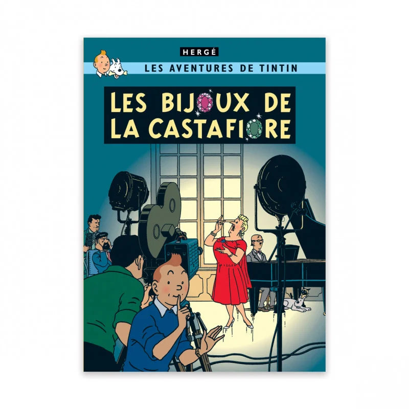 Tintin comic book cover: Castafiore sings on camera, crew films, characters watch - "Les Bijoux de la Castafiore"