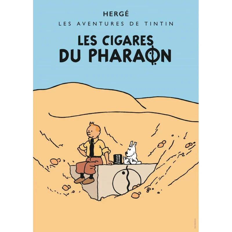 Official Les Cigares Du Pharaon (Cigars of the Pharaoh) colorized book cover poster featuring Tintin and Snowy sitting exhausted on a stone block of an ancient Egyptian tomb protruding from the desert sands.
