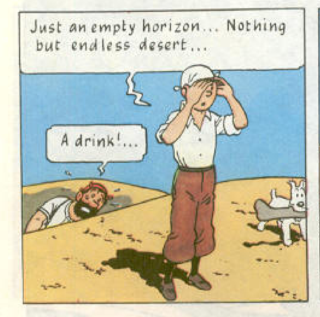 Hergé Tintin comic strip panel, The Crab with the Golden Claws desert scene, Tintin and Captain Haddock in the Sahara, inspiration for the 12cm resin figure Ref 42193.