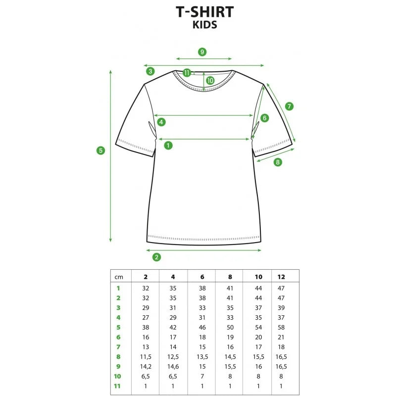 Kids T-shirt size chart with labeled measurements and dimensions table for different age groups