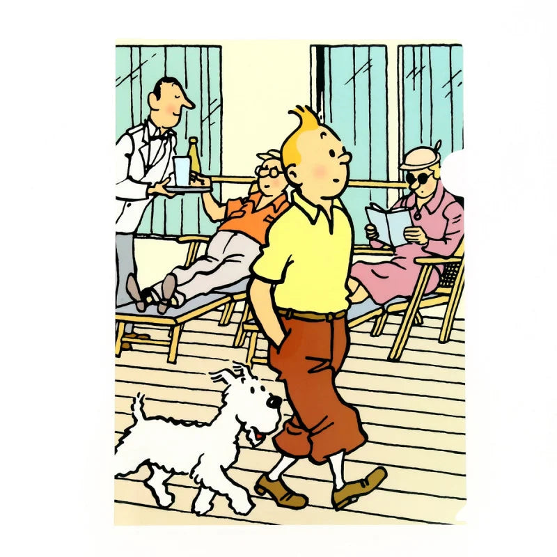 Cartoon illustration of Tintin and Snowy walking on a deck, with other characters relaxing in the background