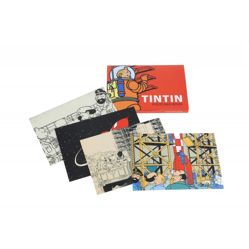 Tintin Moon postcard book with 16 illustrated cards featuring space adventures and lunar scenes from the comic series